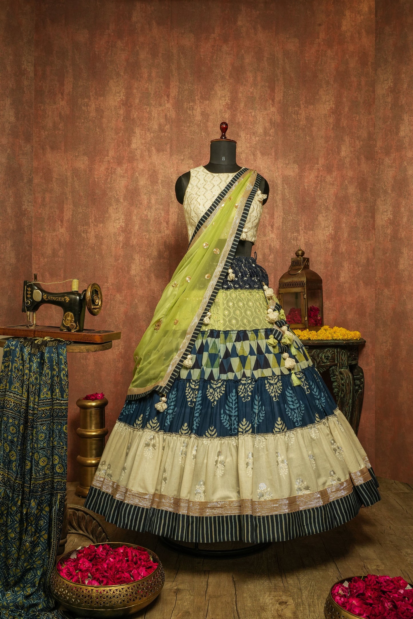 Green & Blue Tiered Cotton Lehenga Choli