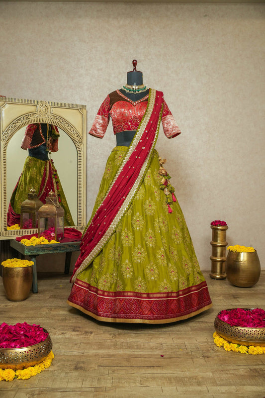 Red & Green Upada Silk Lehenga Choli