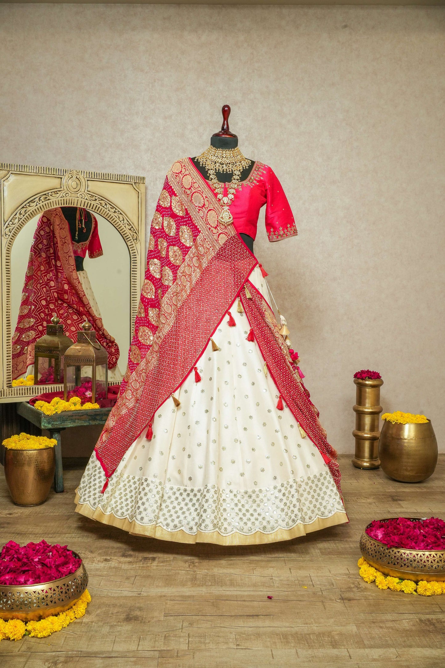 Red & White Sequined Lehenga Choli
