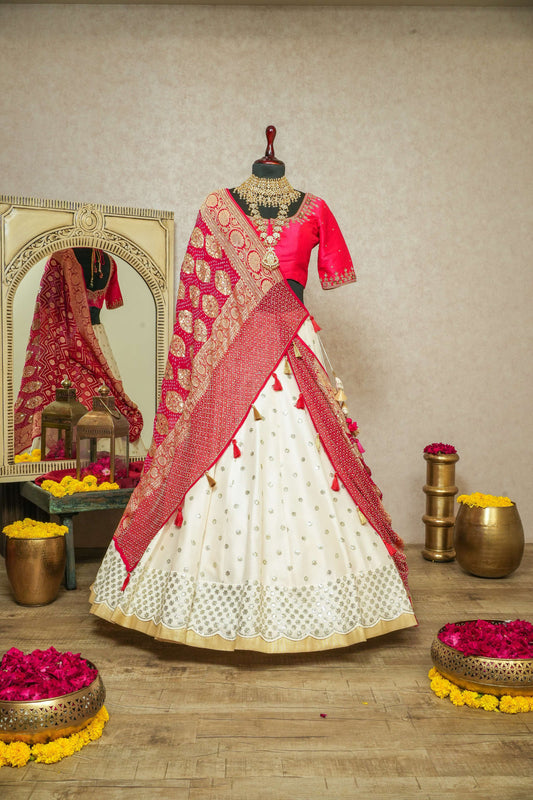 Red & White Sequined Lehenga Choli