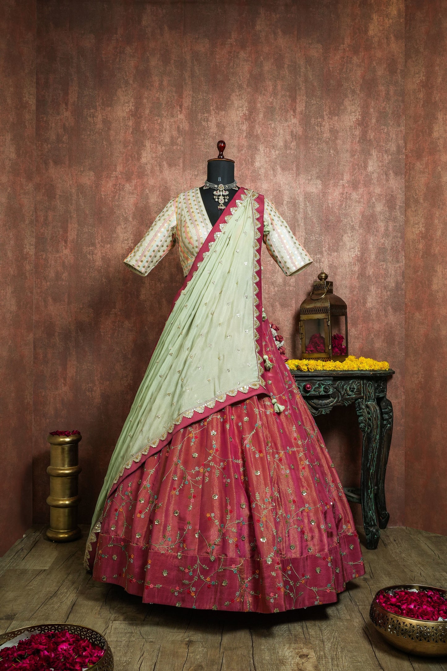 Pink & Green Embroidered Floral Lehenga Choli