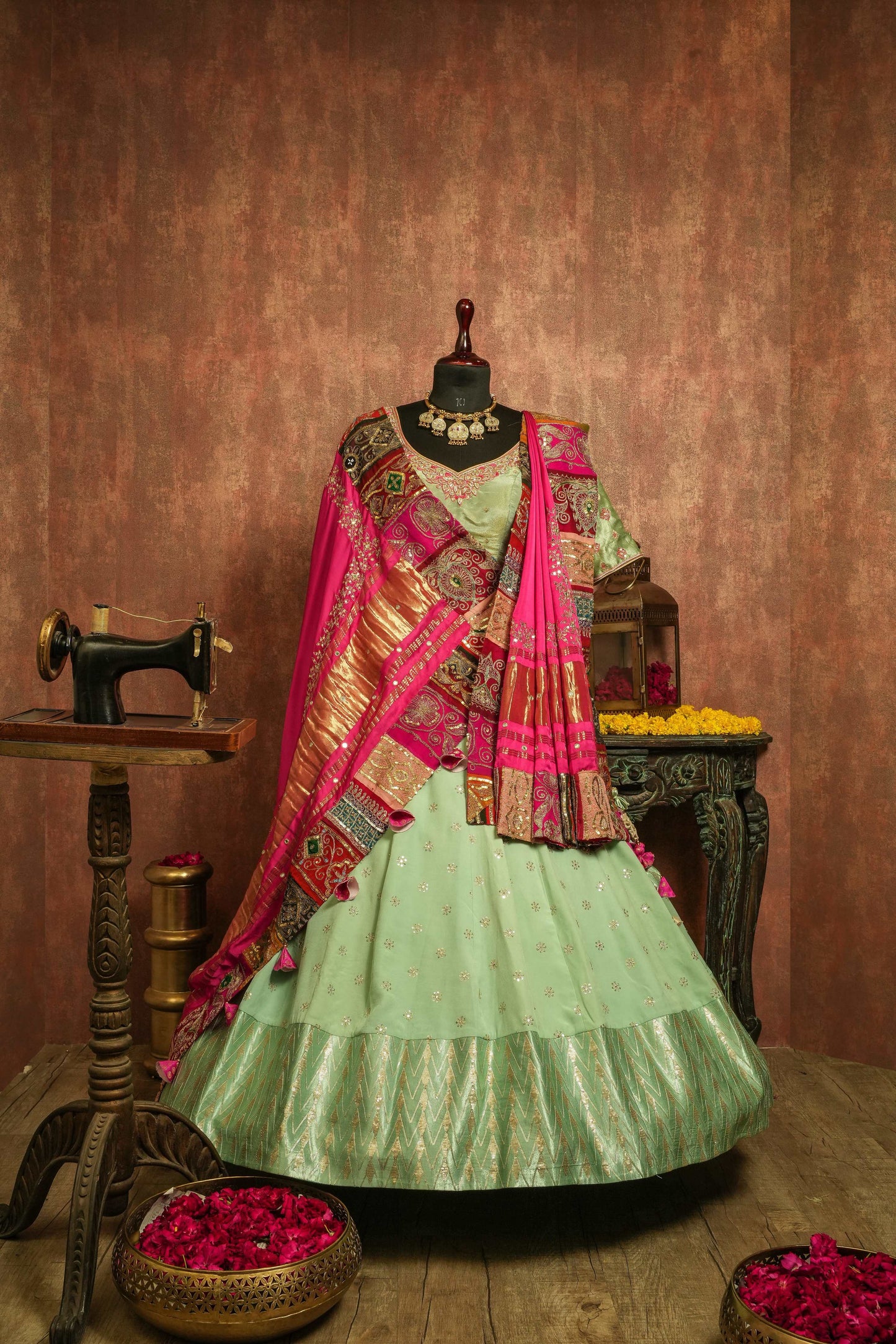 Vintage Pink & Green Lehenga Choli
