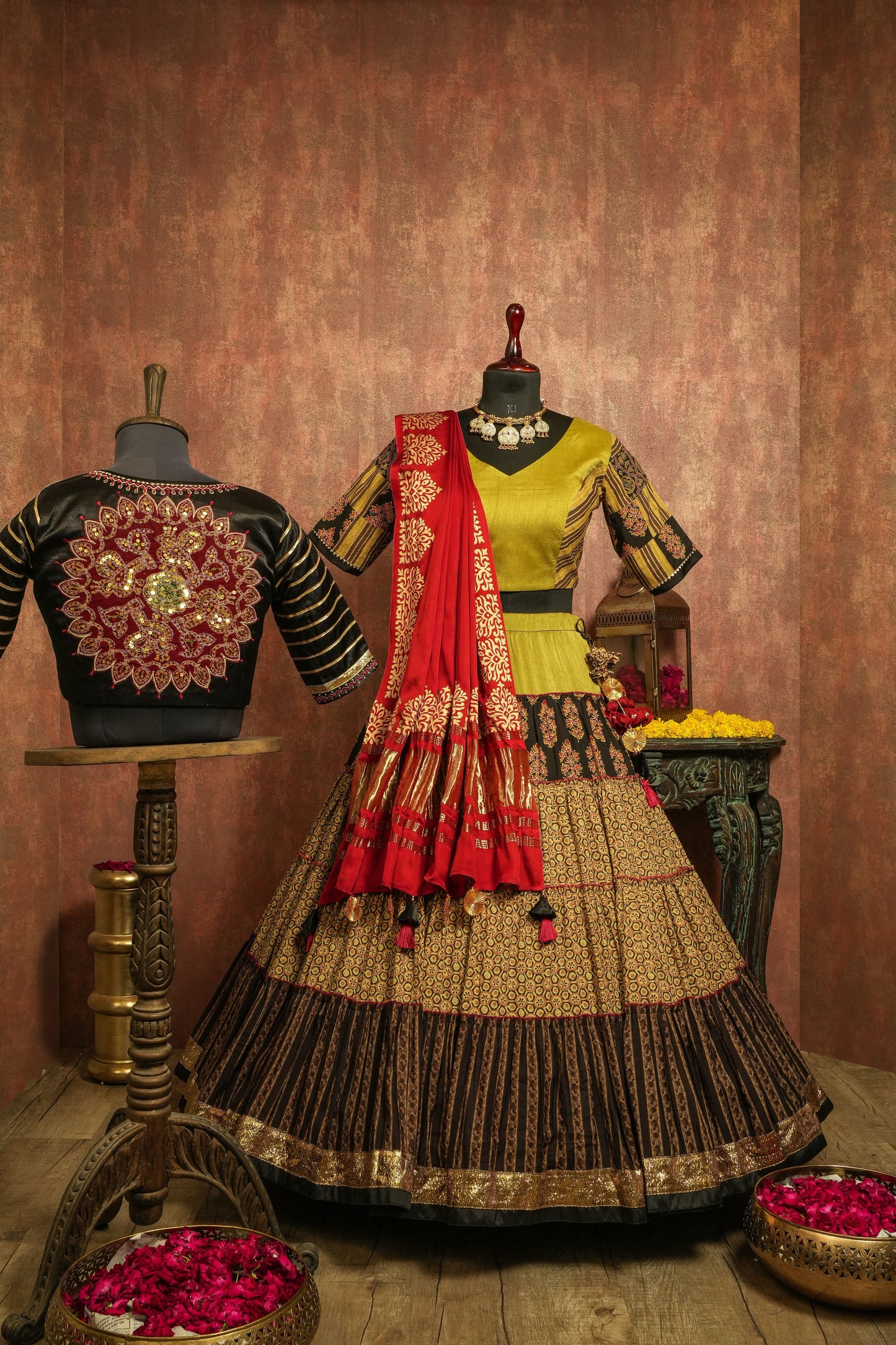 Red & Gold Tiered Patchwork Lehenga Choli
