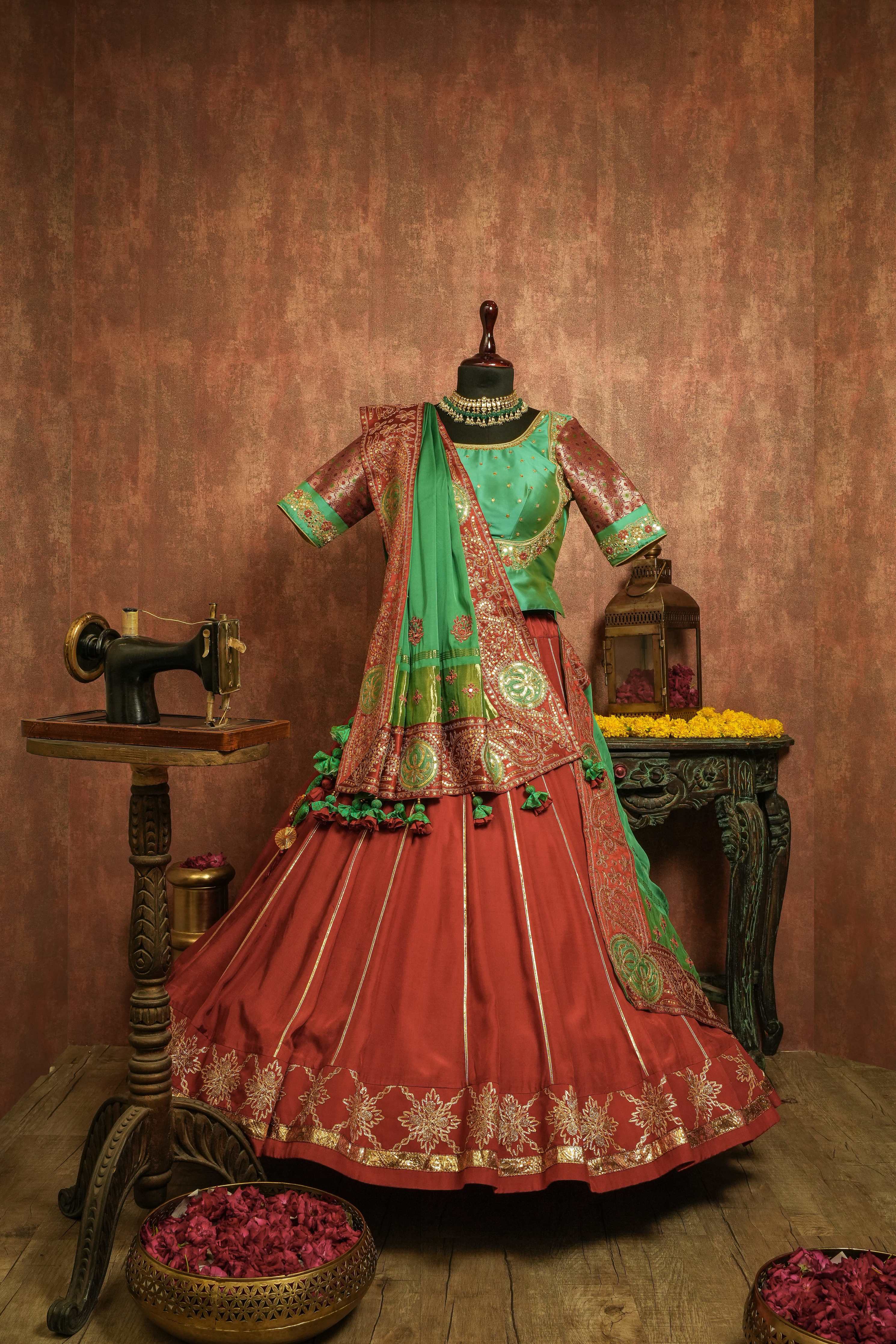 Buy Priyanka Chopra Heavy Work Red and Green Lehenga - MiaIndia.com